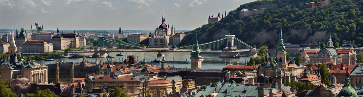 Historic European Cityscape with River, Bridges, Castle, and Classical Architecture