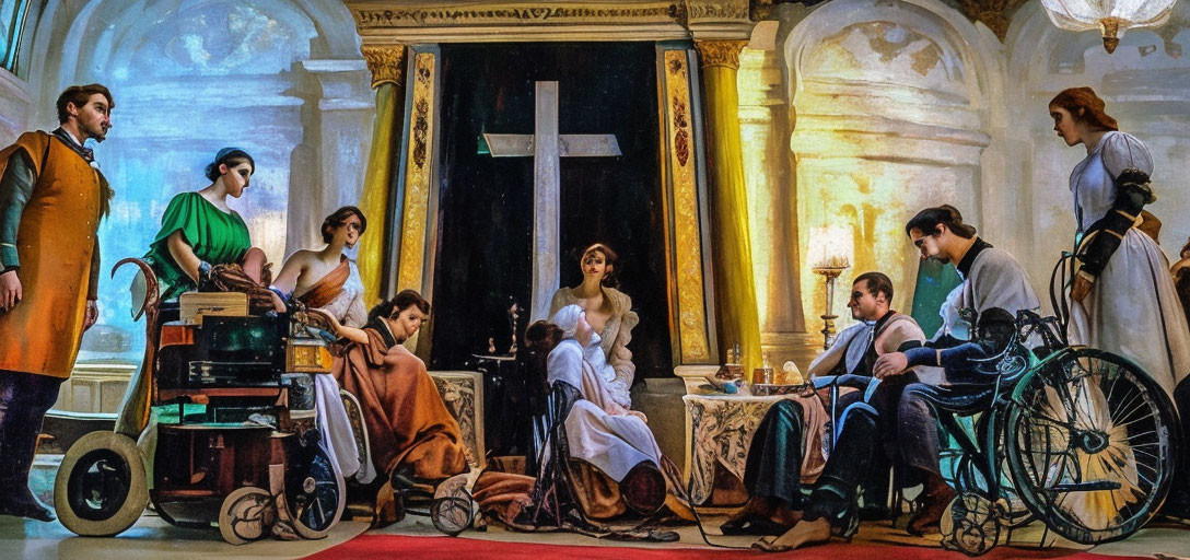 Diverse figures in church scene with cross in modern-classical art fusion