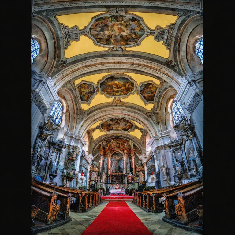 Baroque church interior with vaulted ceilings and frescoes