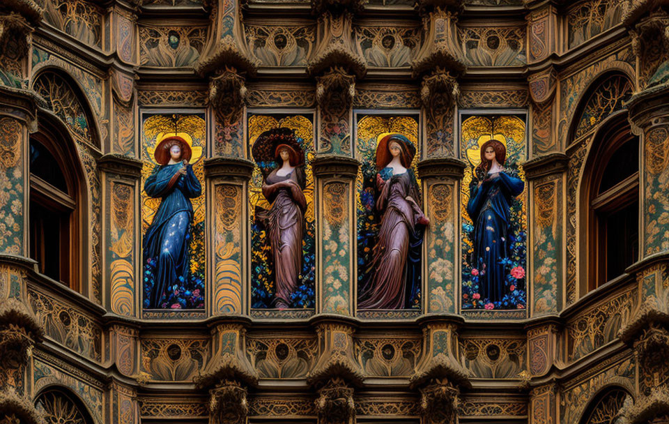 Ornate Stained Glass Windows Featuring Saintly Figures