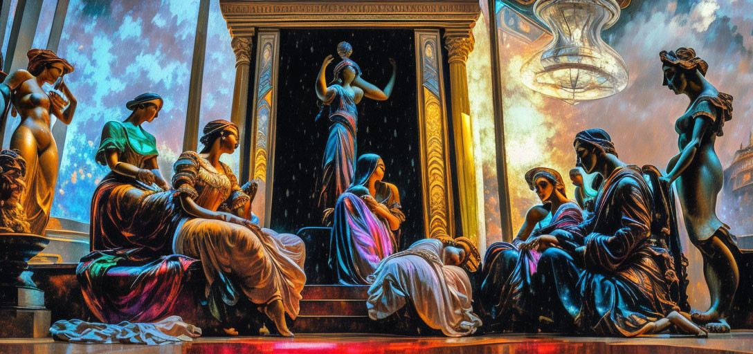 Classical statuesque figures in flowing robes under ethereal light evoking a mythological scene