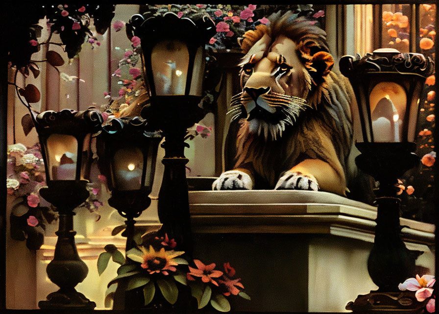 Majestic lion resting on balcony with flowers and lanterns