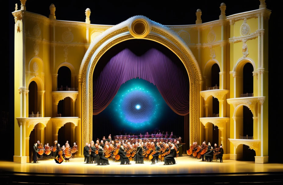 Orchestra on stage with grand arch and purple curtains