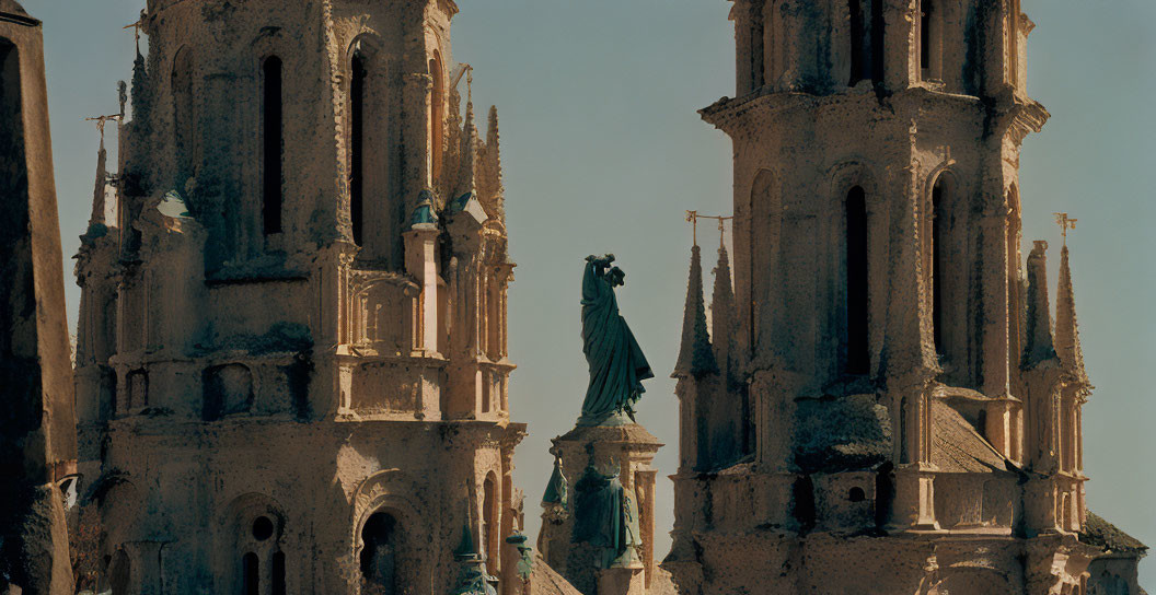 Ornate statue on pedestal between aged church towers