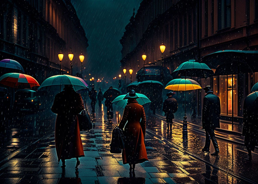 Nighttime rain-soaked street with people holding umbrellas