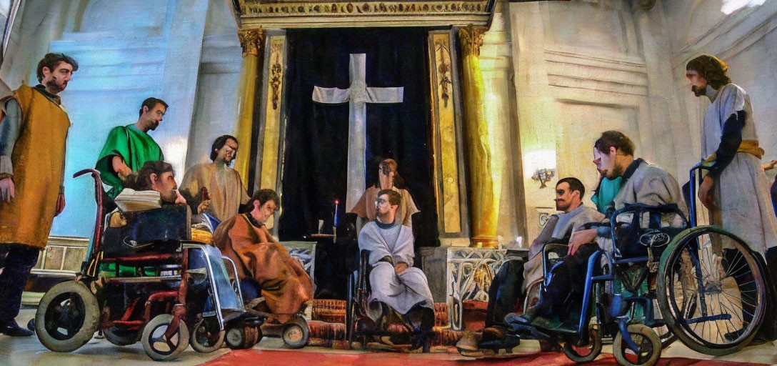 Historical scene reimagined with modern wheelchairs and ancient robes