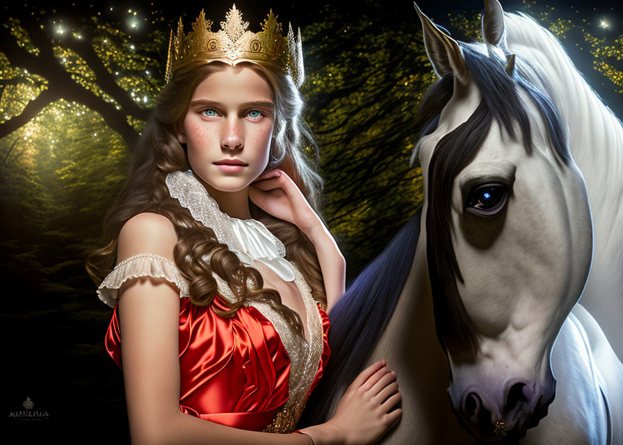 Young woman in golden crown and red dress with white horse under starry sky