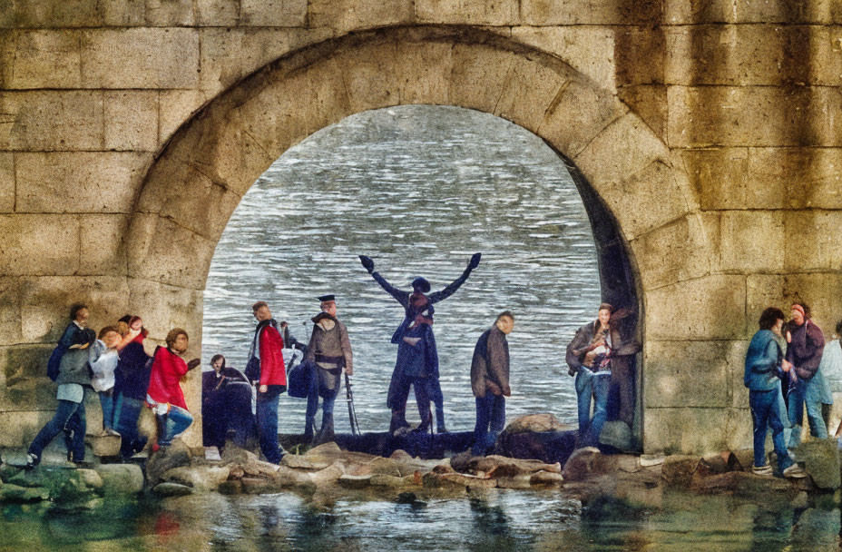 Stone bridge arch over water with people around, one in celebratory pose