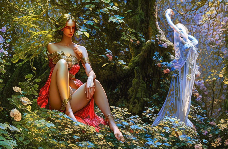 Ethereal women in vibrant forest with red and blue attire