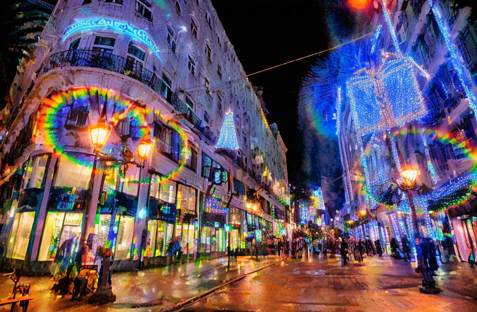 Colorful Festive Night Street Scene with Illuminated Buildings