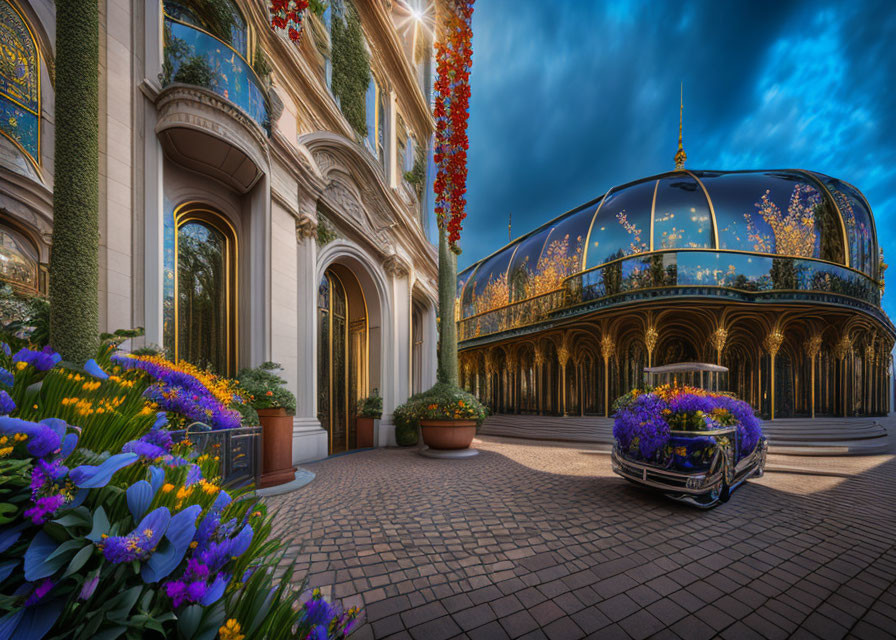 Luxurious building with arched windows and glass dome surrounded by greenery and flowers