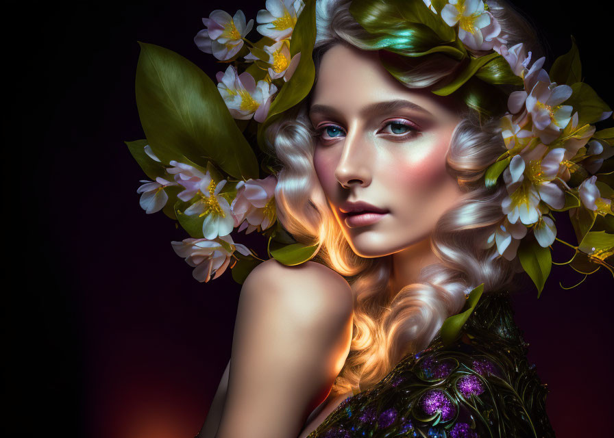 Woman with Floral Hair Accessories and Green Eyeshadow on Warm Background