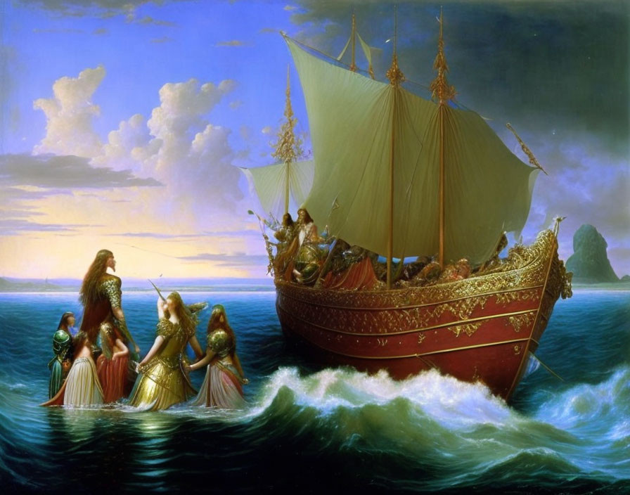 Viking ship painting with ornate decorations and dramatic sunset seascape