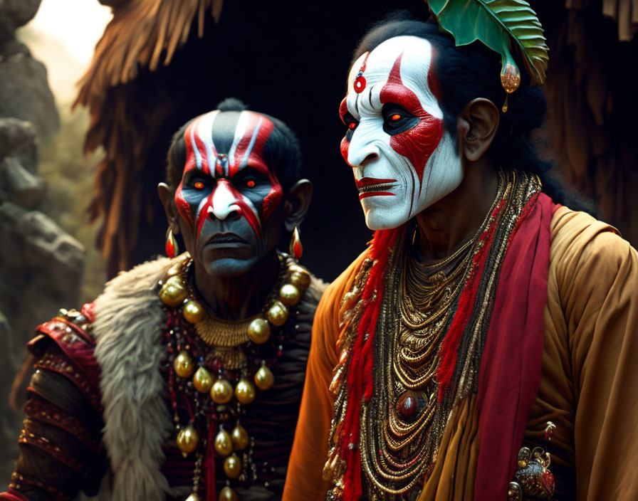 Two people in red and white tribal face paint and ornate traditional attire.