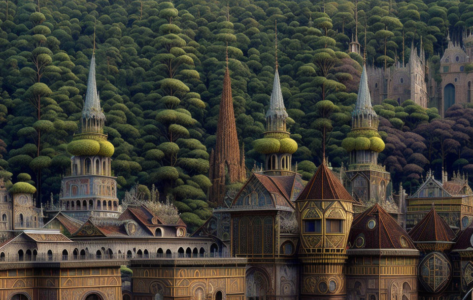 Ornate spired buildings in lush green fairytale landscape