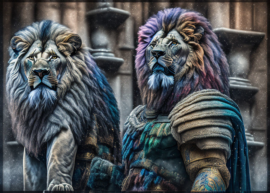 Stylized lions with human-like features in regal attire against stone backdrop