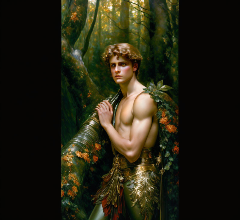 Classical male figure in golden armor standing in sunlit forest