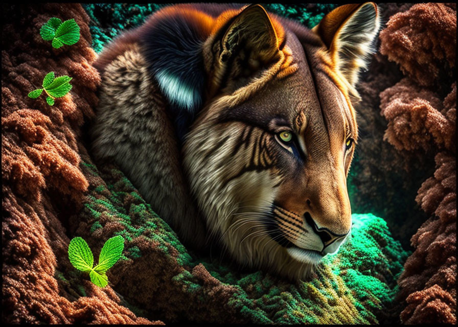 Colorful Tiger Resting Among Moss and Leaves with Intense Eyes and Textured Fur