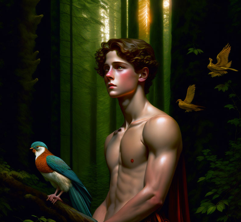 Curly-Haired Shirtless Man in Forest with Colorful Bird