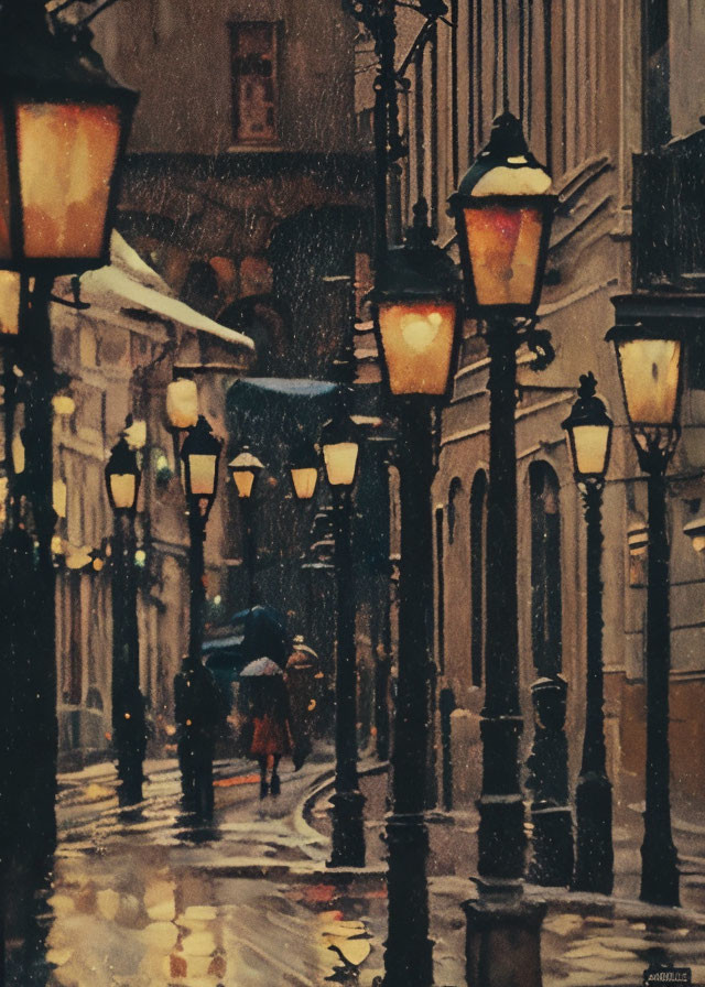 Rainy city street at dusk with glowing street lamps and person holding umbrella