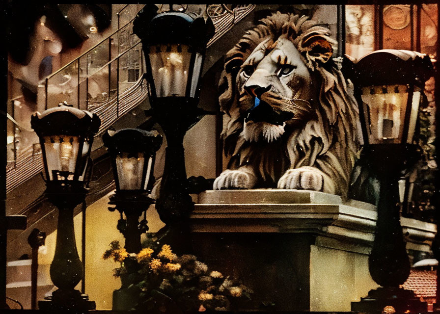 Ornate lion sculpture with vintage street lamps in cozy setting