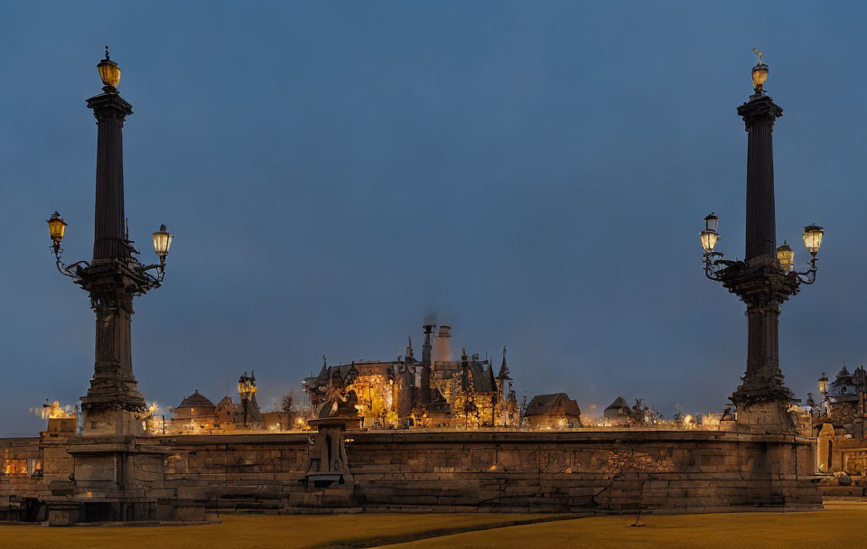 Ornate lampposts at dusk with historic cityscape and twilight sky