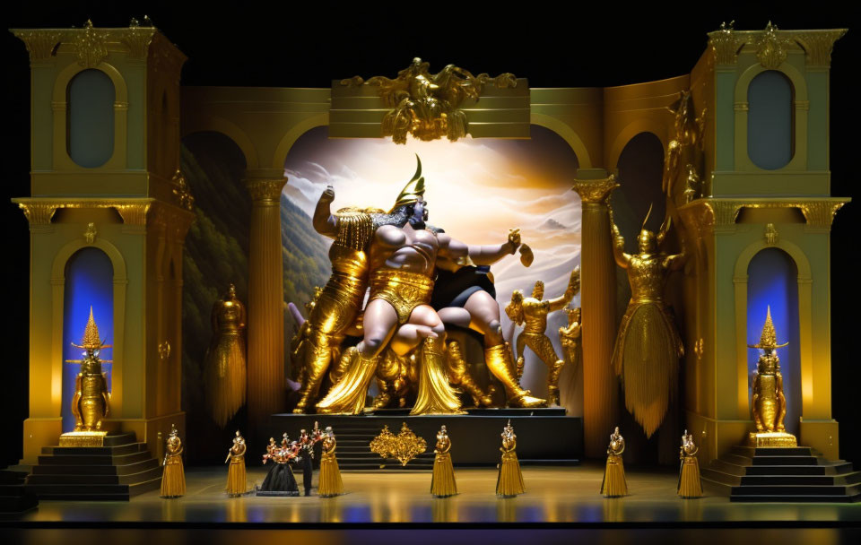 Stage with large golden deity statue and smaller statues, clouds, warm lighting