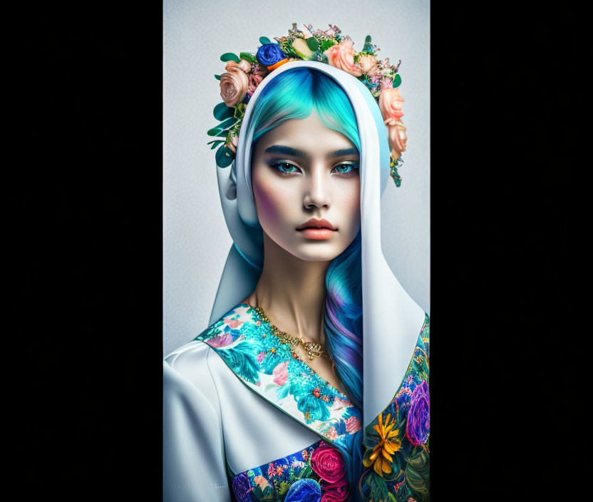 Individual with Flower Crown, Blue Hair, Floral Dress, White Hijab