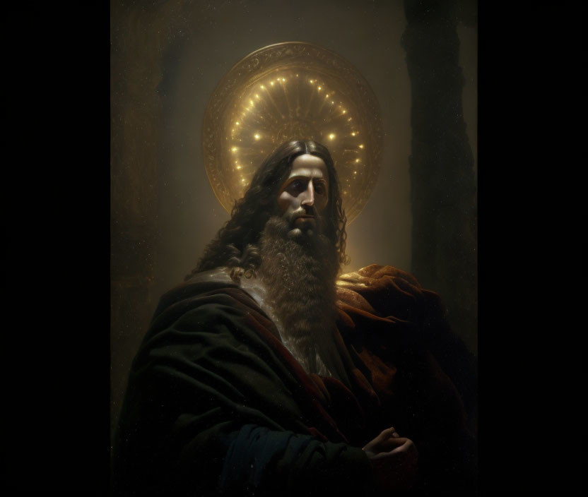 Bearded man with halo in historical attire, gazing up, dark background, soft light