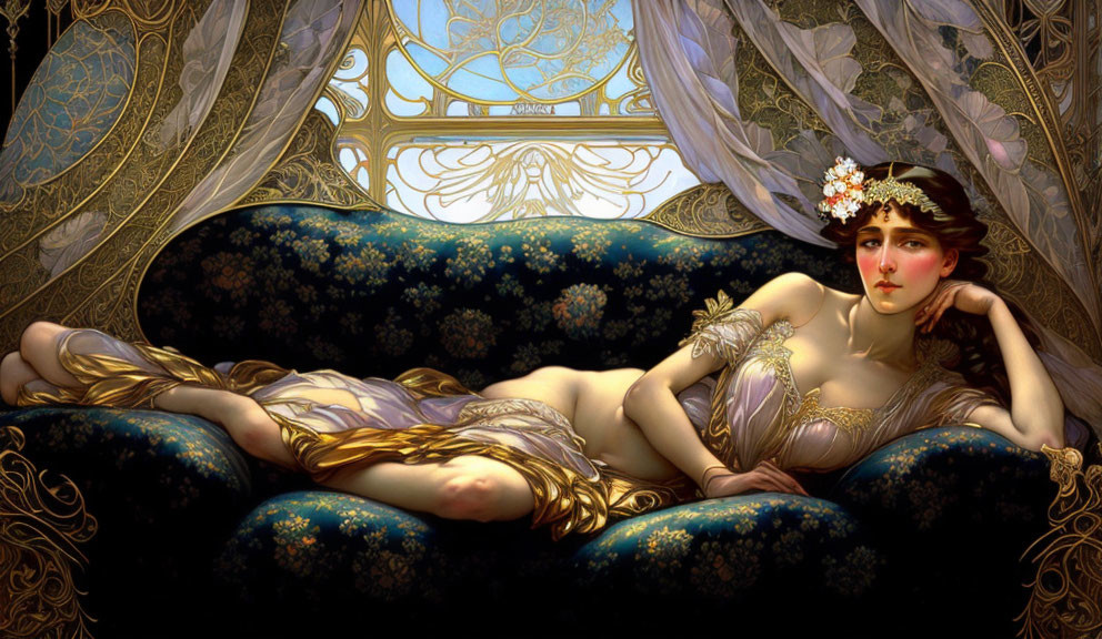 Reclining Woman on Blue Couch with Art Nouveau Details