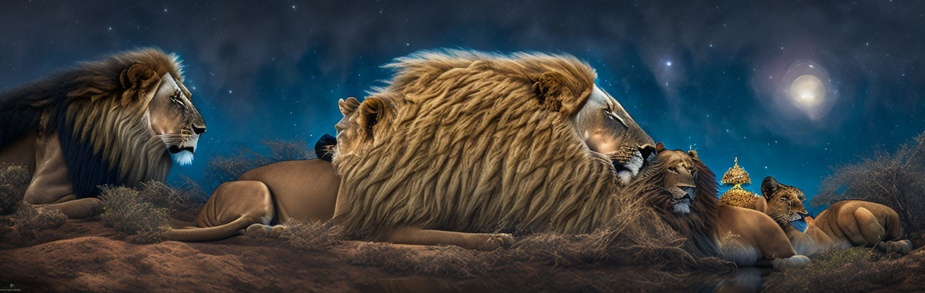 Pride of lions resting under starry night sky