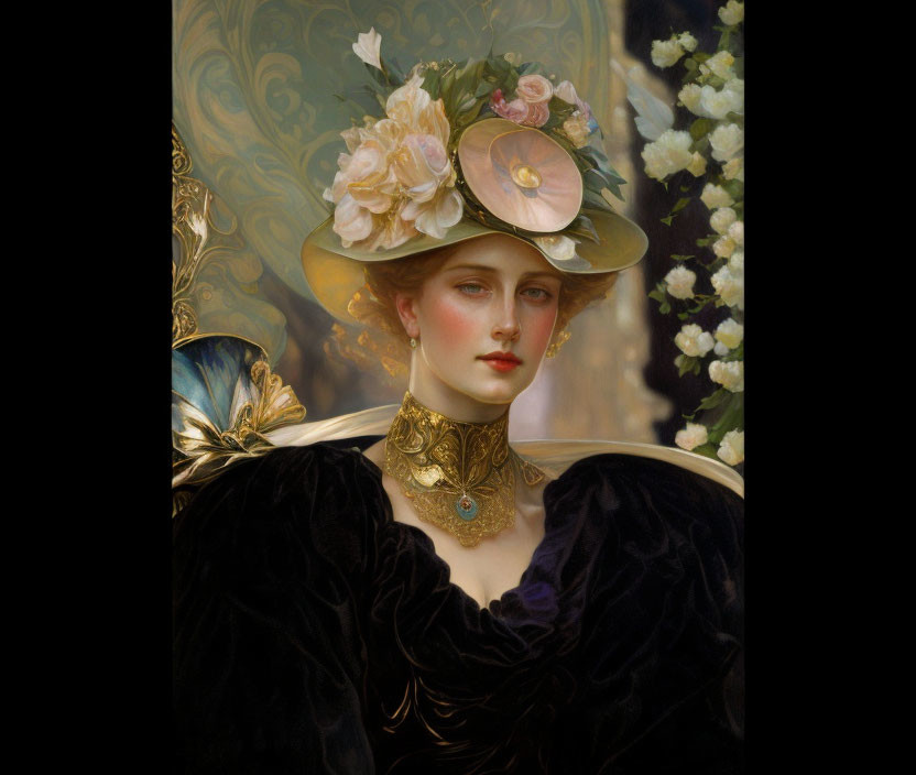 Portrait of Woman in Floral Hat, Butterfly, Jewelry, and Velvet Dress