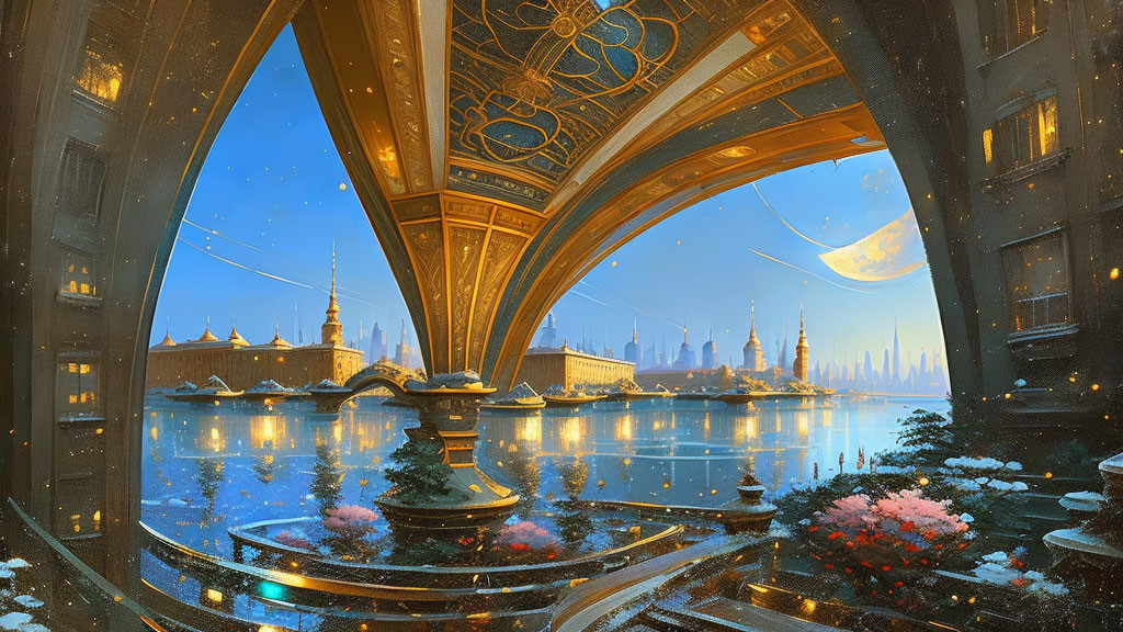 Golden balcony with fantastical cityscape, towering spires, serene river, planet-rise, twilight sky