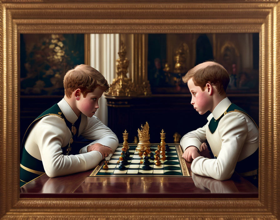 Two boys in formal attire playing chess in luxurious interior.