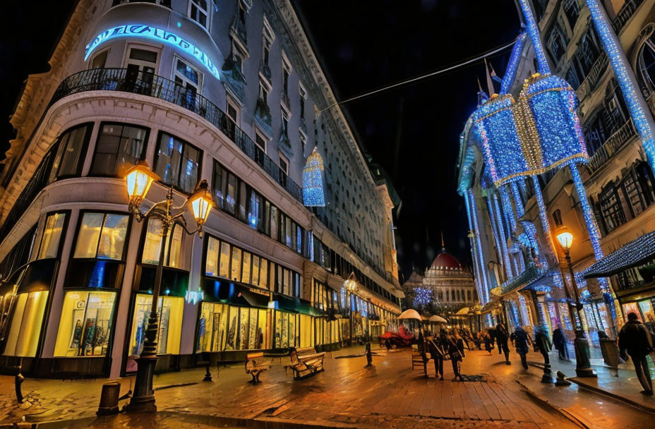 City street at night with blue holiday lights, benches, pedestrians, and dome-shaped building