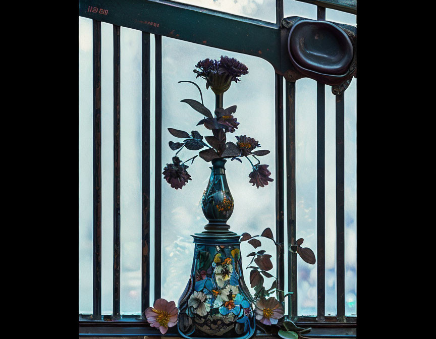 Floral painted vase on windowsill with blue sky and metal bars.