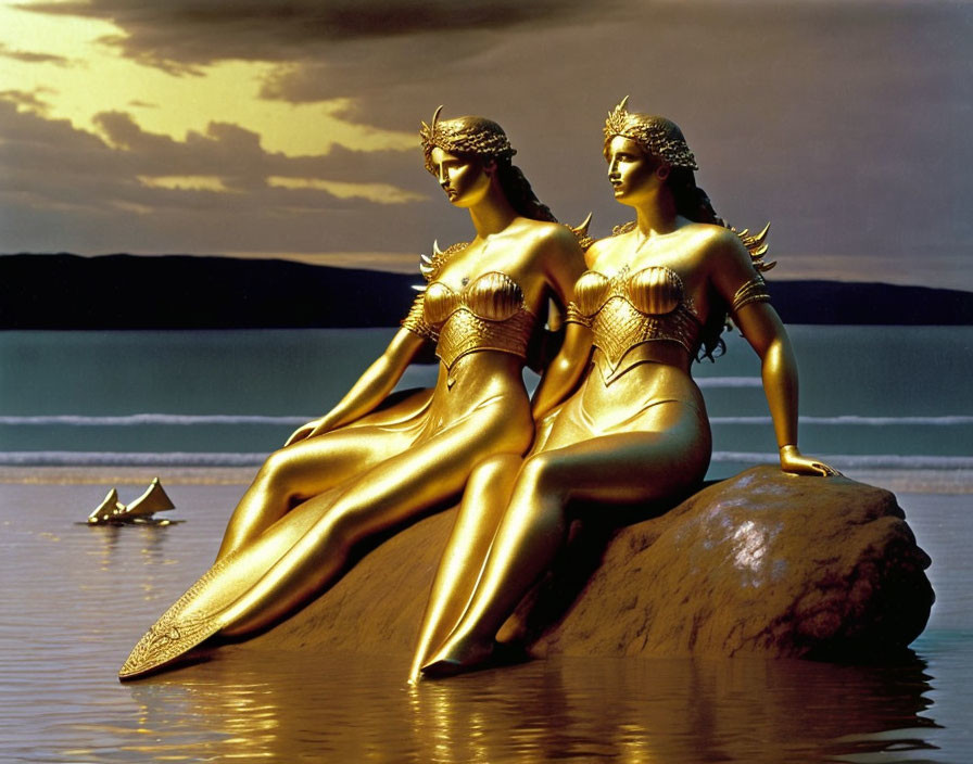 Golden statues of women on rock by stormy sea with boat.