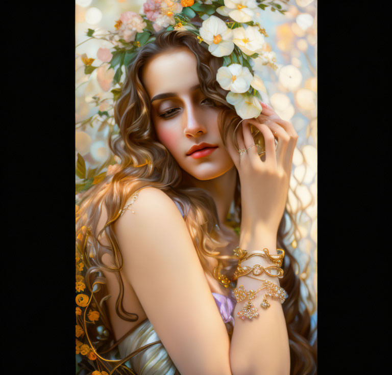 Woman wearing floral headpiece surrounded by blossoms and golden bracelets.