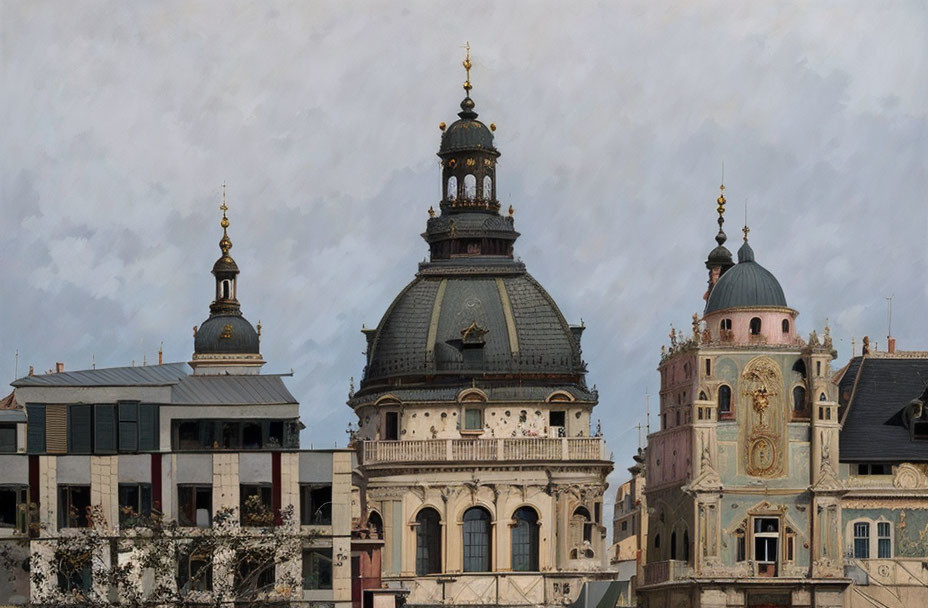 European Buildings with Dome and Spire Rooftops in Cloudy Sky