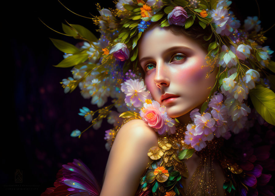 Portrait of a person with floral wreath and vibrant flowers, gazing contemplatively on dark background