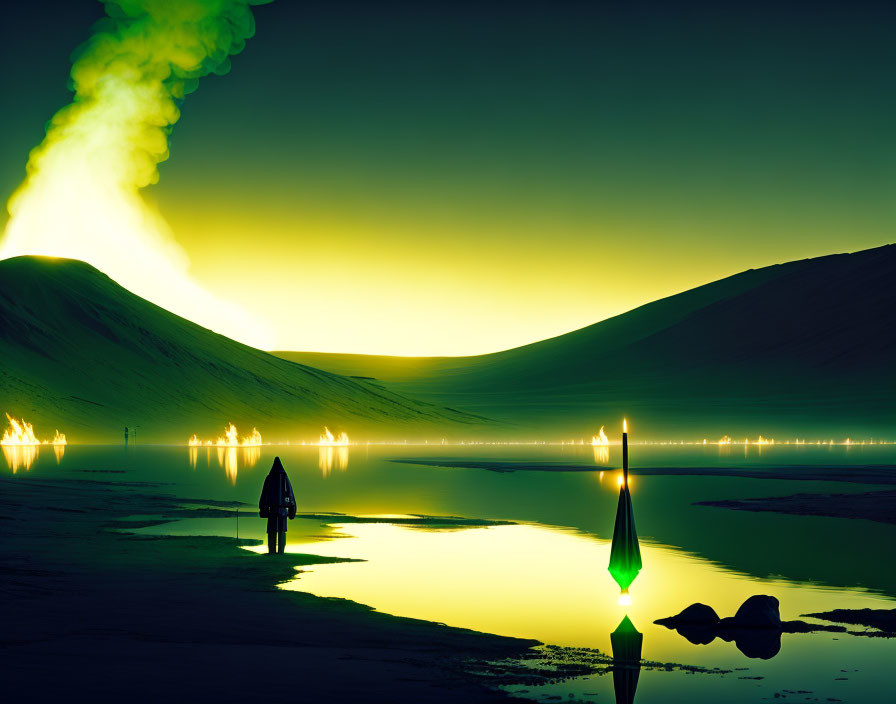 Twilight scene by calm lake with torch and fires in serene landscape