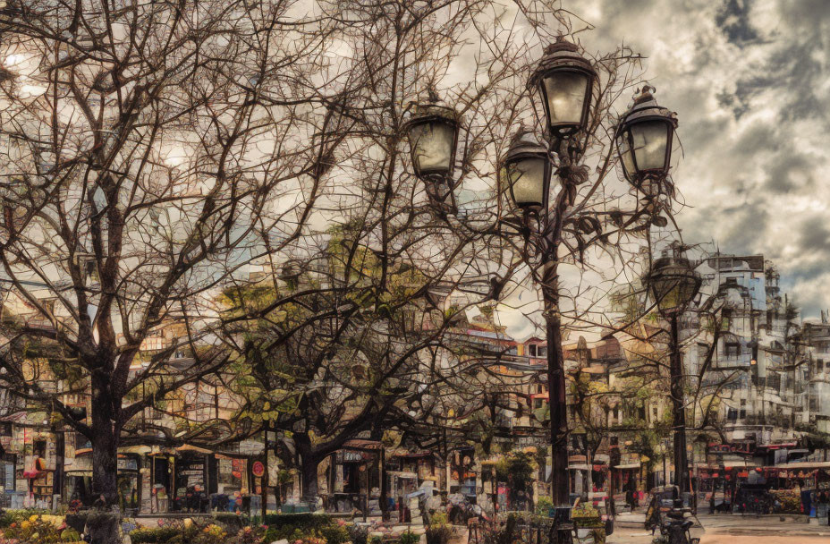 Cityscape with leafless trees, ornate street lamps, buildings, and people under a cloudy sky