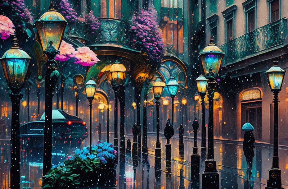 Colorful Street Scene in Rain with Flowers, Lamps, Pedestrians, and Car