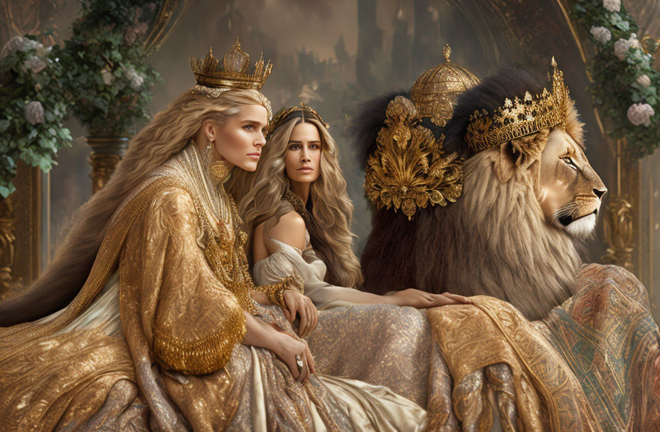 Regal women, lion with crown, fantasy castle backdrop