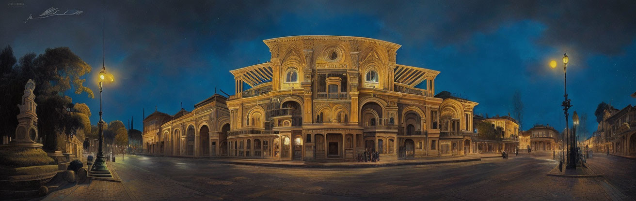 Ornate historic building with arched windows and intricate facade details at night