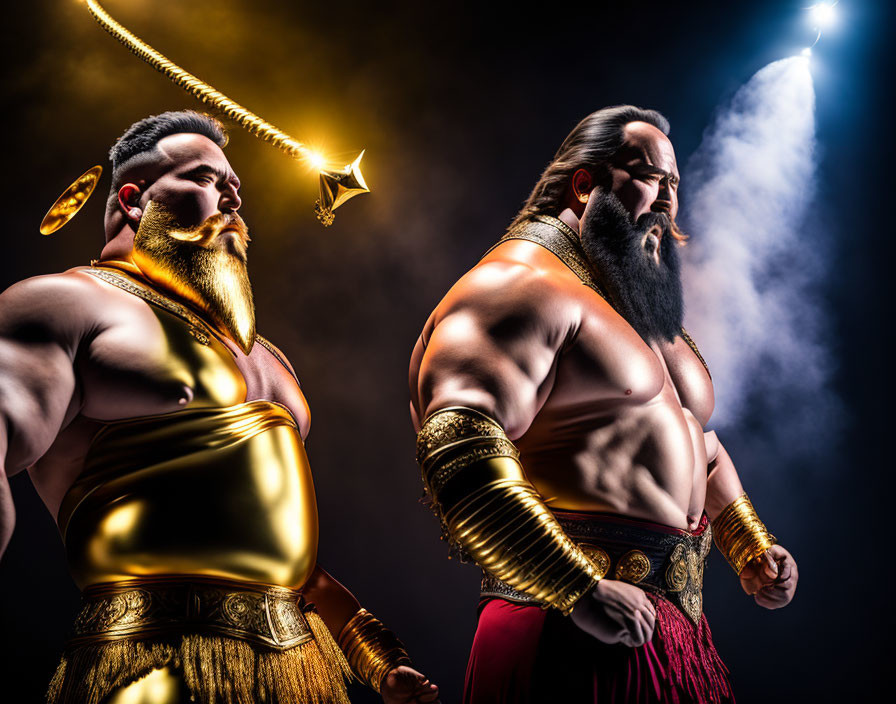 Muscular animated characters with golden mace and red attire in dramatic pose