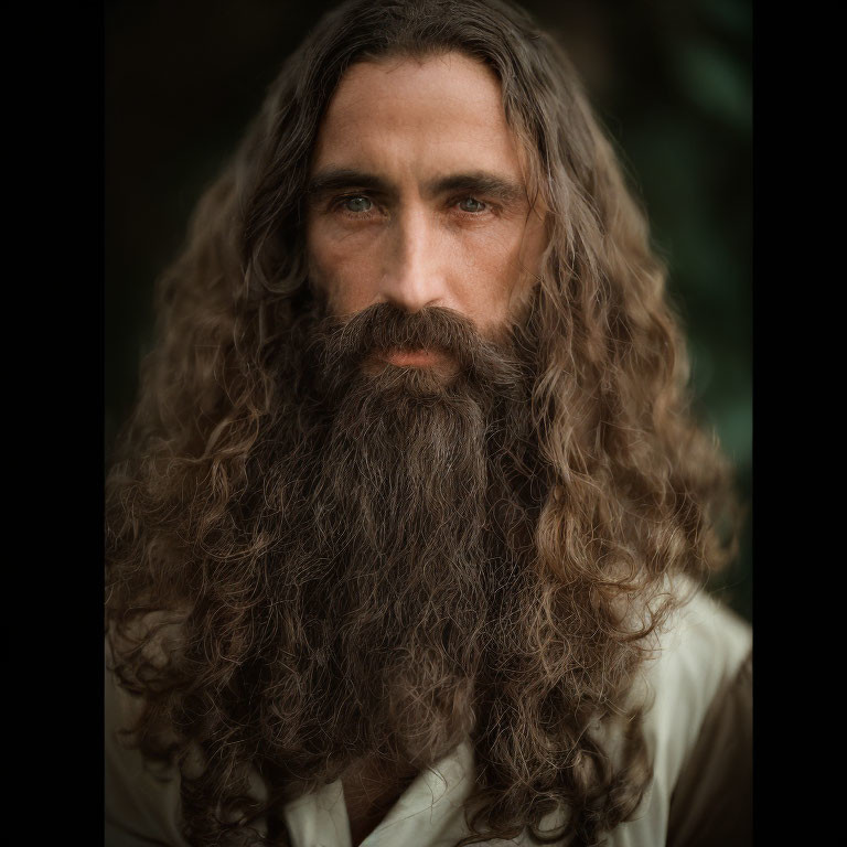 Long-haired man with full beard against nature backdrop