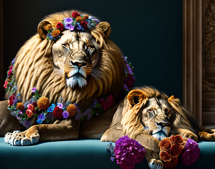 Regal lions with flower wreaths lounging on teal couch