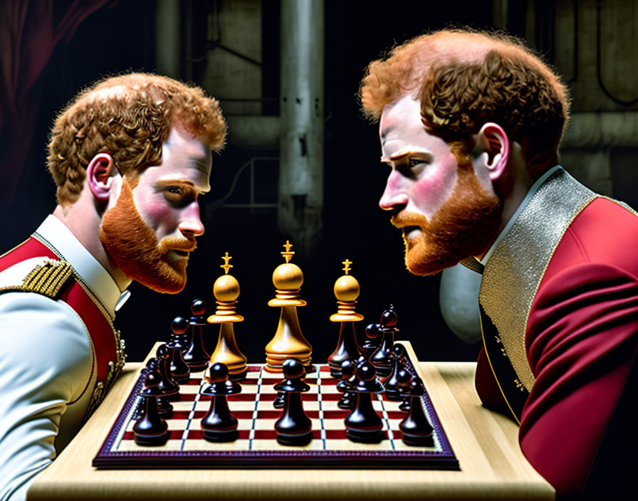 Red-haired men in military & formal attire play chess in room with red curtain