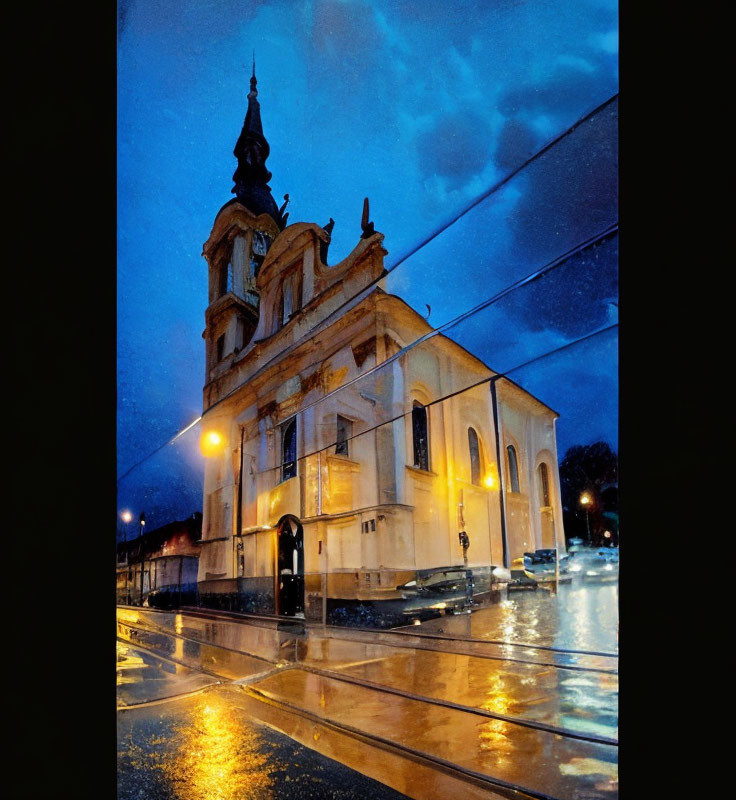 Baroque church at night in rain with wet streets under blue sky